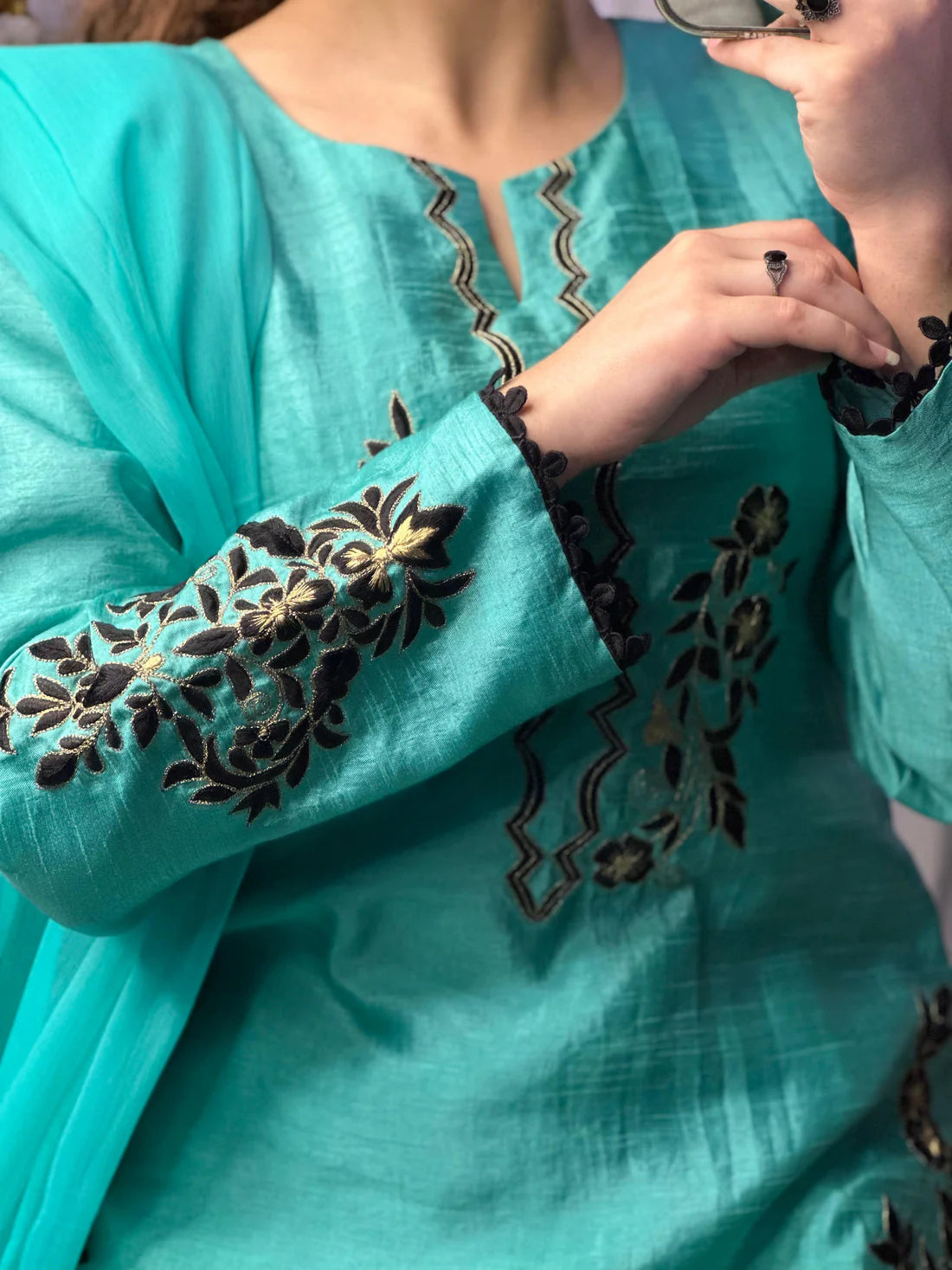 Teal Blue Embroidered Raw Silk 3-Piece Suit with Chiffon Dupatta