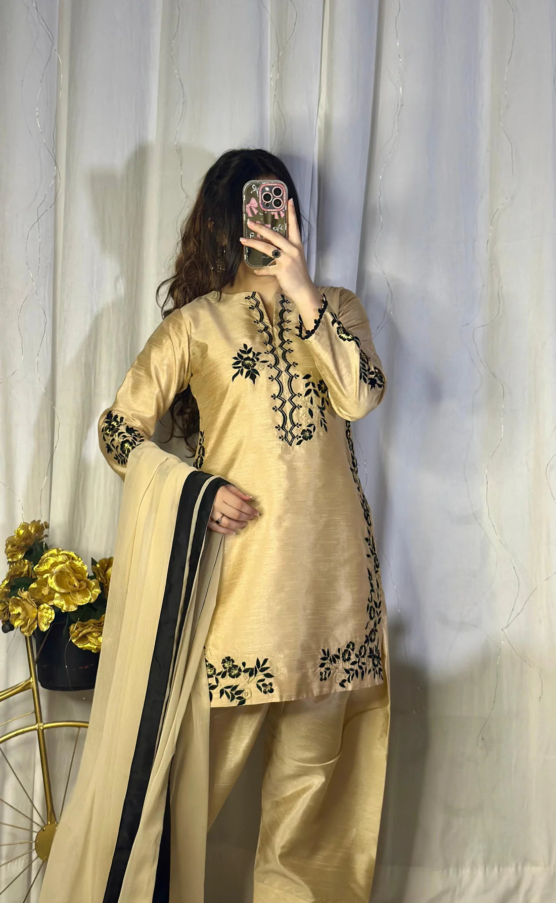 Golden Raw Silk Embroidered Suit – Farshi Shalwar, Qameez & Chiffon Dupatta