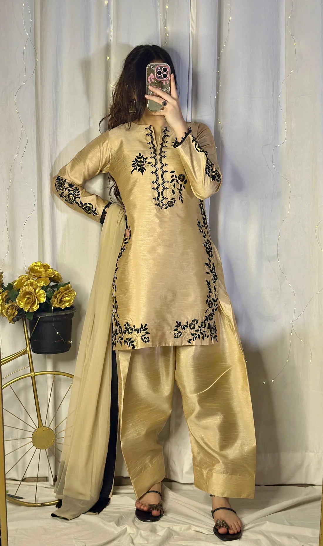 Golden Raw Silk Embroidered Suit – Farshi Shalwar, Qameez & Chiffon Dupatta