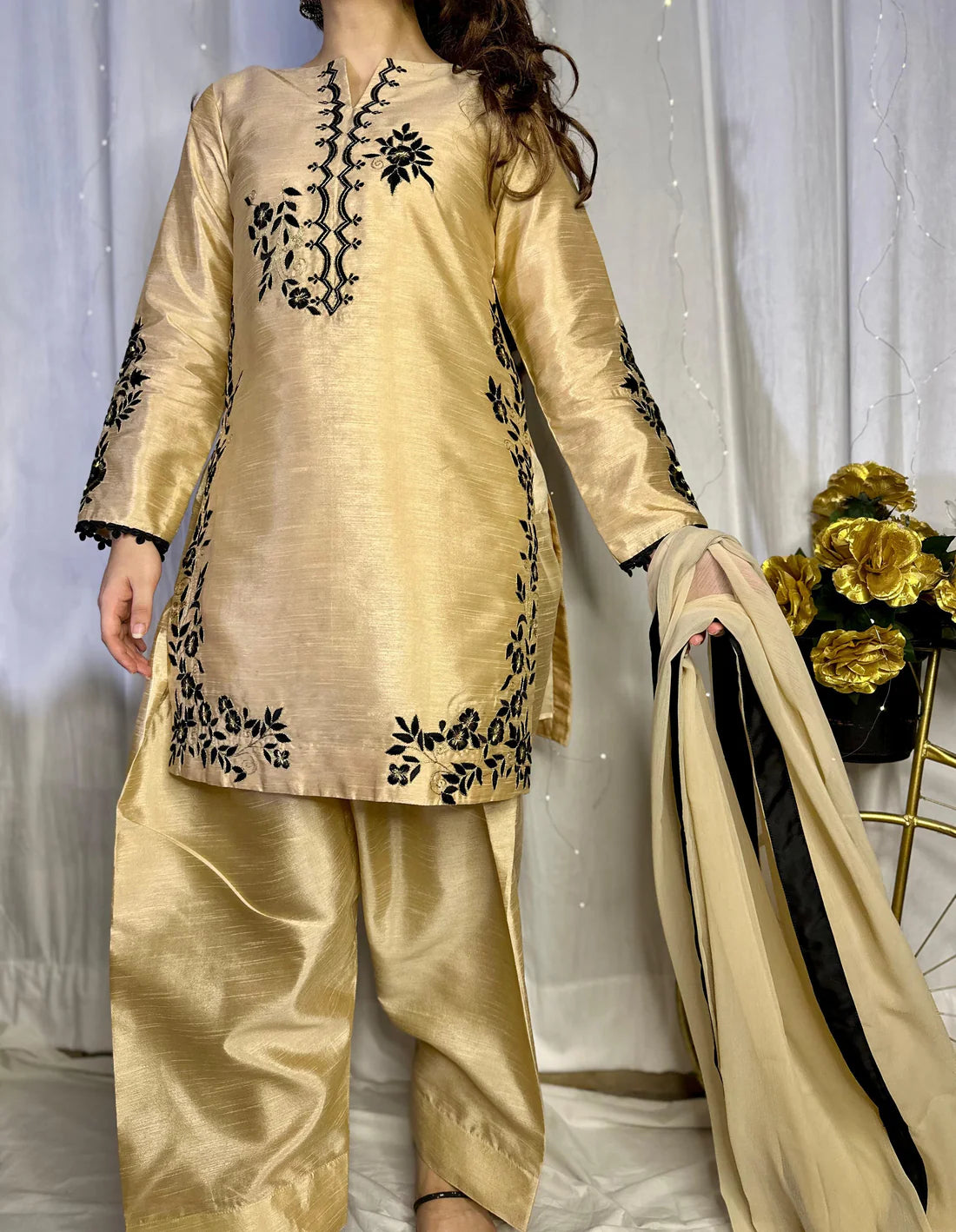 Golden Raw Silk Embroidered Suit – Farshi Shalwar, Qameez & Chiffon Dupatta
