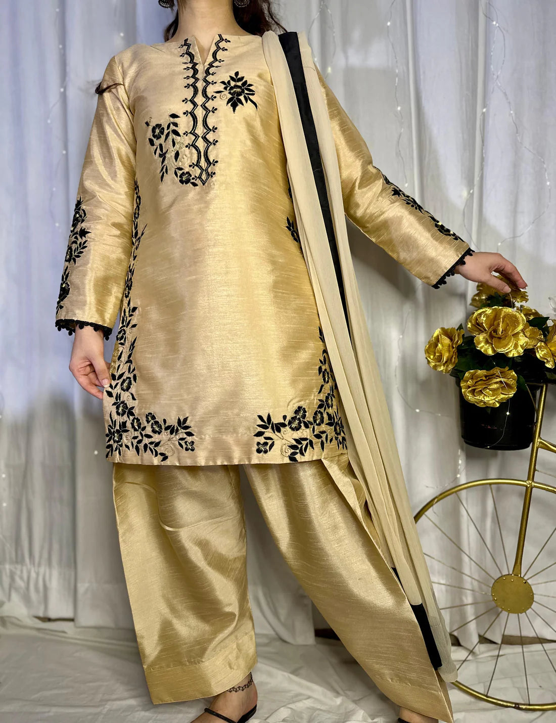 Golden Raw Silk Embroidered Suit – Farshi Shalwar, Qameez & Chiffon Dupatta