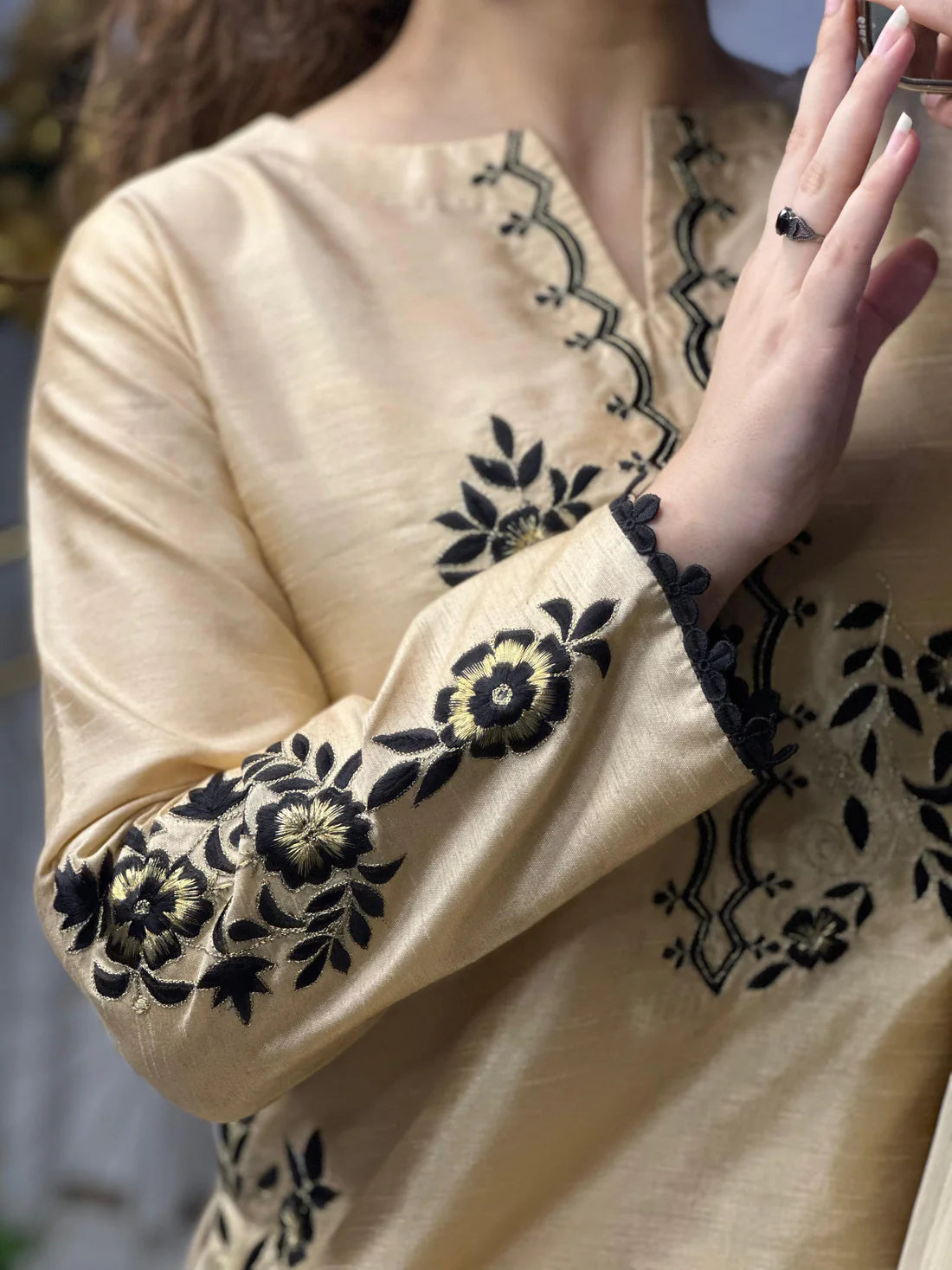 Golden Raw Silk Embroidered Suit – Farshi Shalwar, Qameez & Chiffon Dupatta