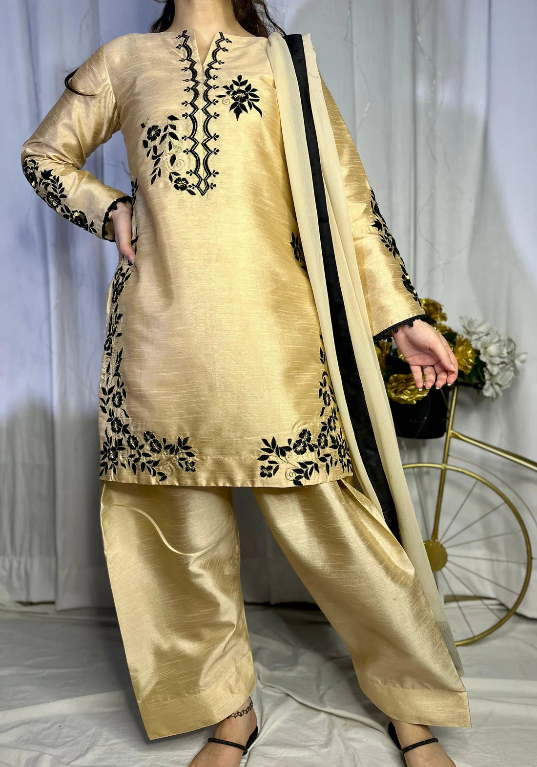 Golden Raw Silk Embroidered Suit – Farshi Shalwar, Qameez & Chiffon Dupatta