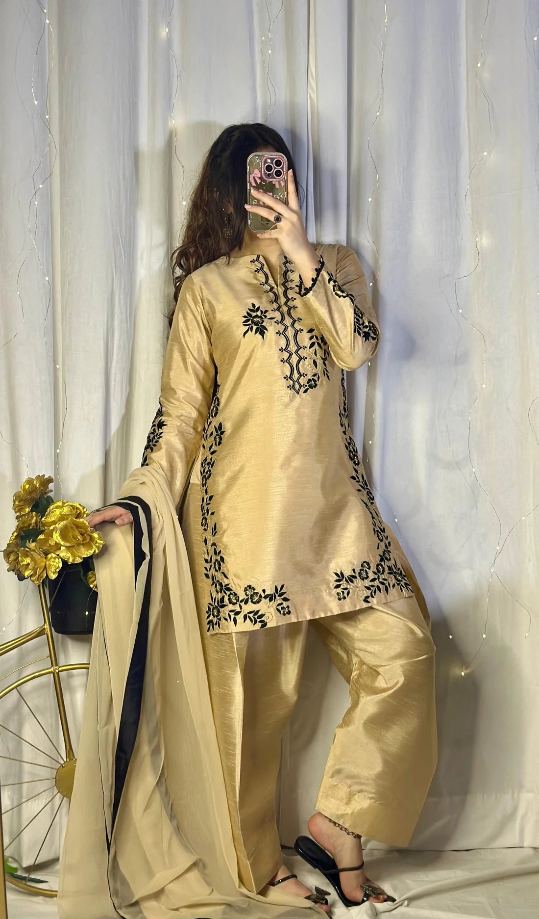 Golden Raw Silk Embroidered Suit – Farshi Shalwar, Qameez & Chiffon Dupatta