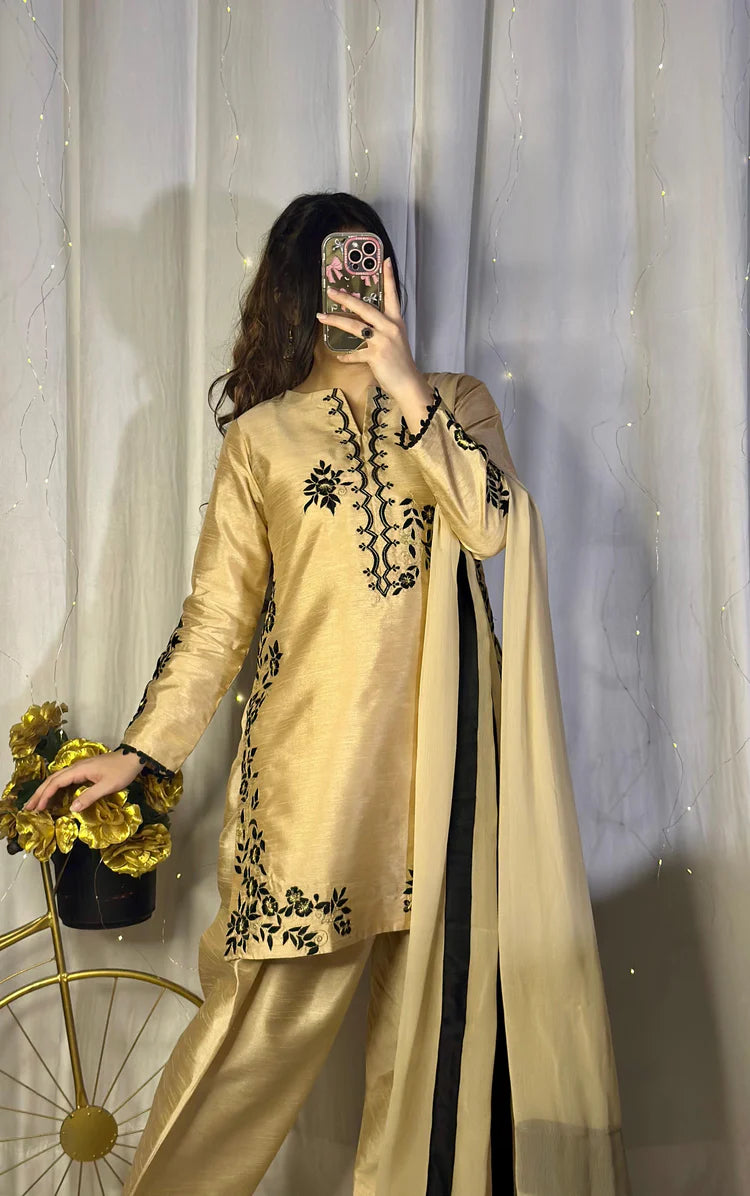 Golden Raw Silk Embroidered Suit – Farshi Shalwar, Qameez & Chiffon Dupatta