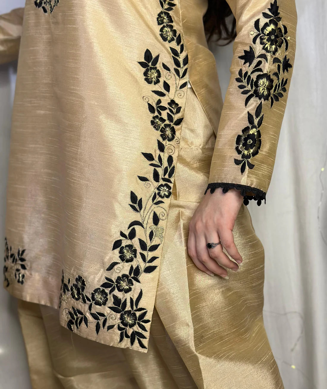 Golden Raw Silk Embroidered Suit – Farshi Shalwar, Qameez & Chiffon Dupatta