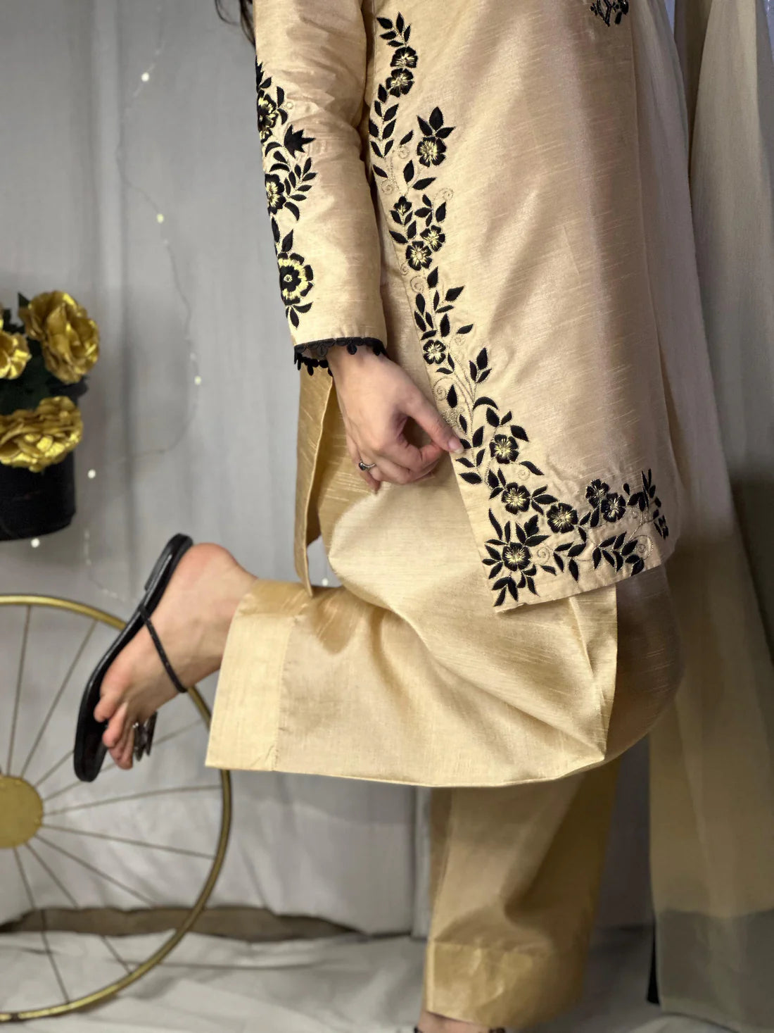 Golden Raw Silk Embroidered Suit – Farshi Shalwar, Qameez & Chiffon Dupatta