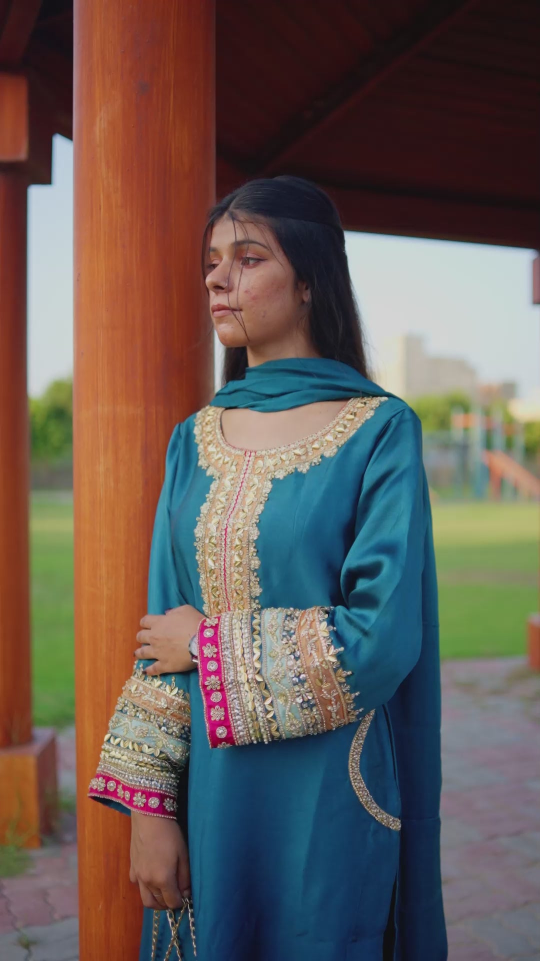 Embroidered Sequin Sheesha Silk Kurta with Chiffon Dupatta – Teal Blue Festive Wear for Women