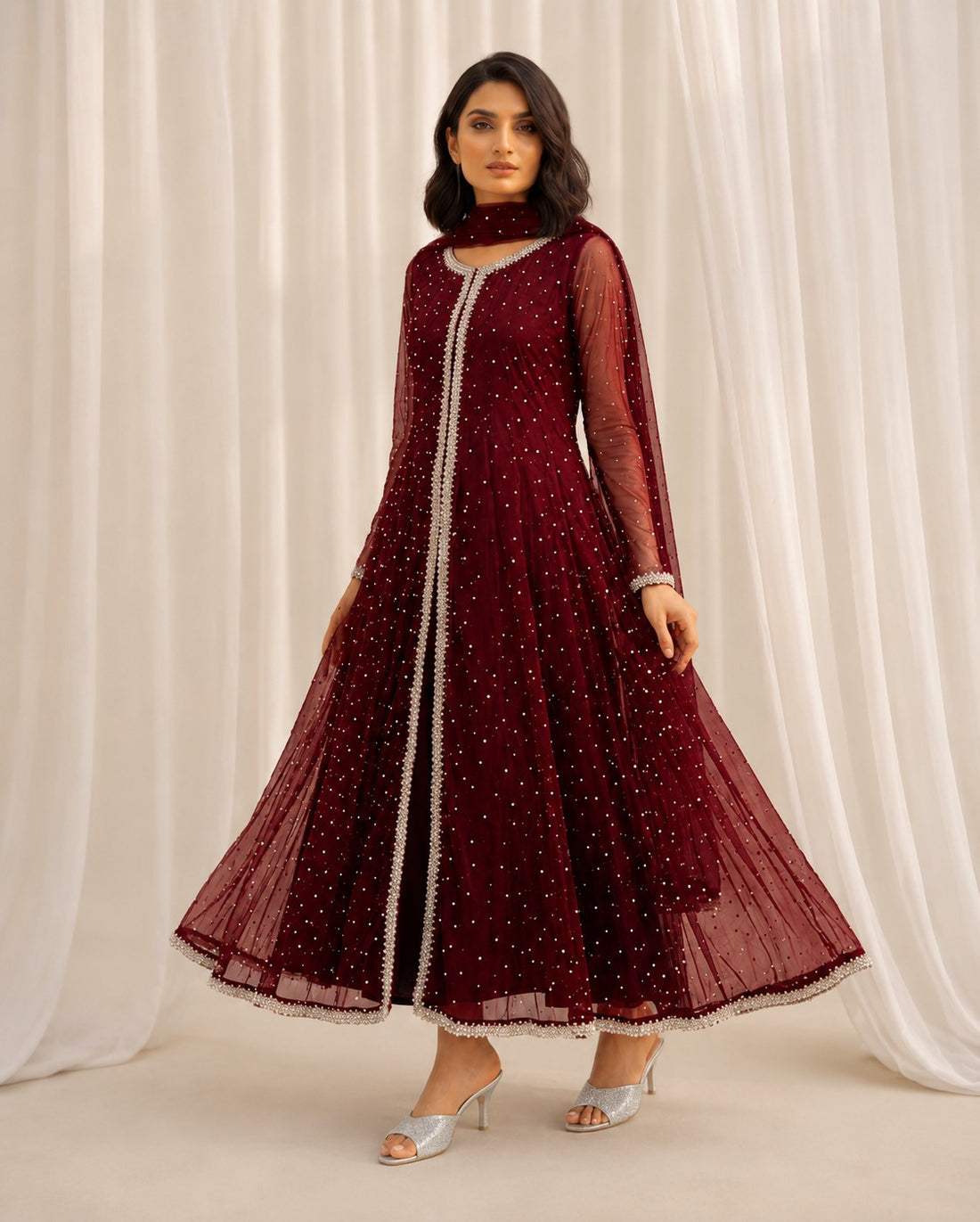 Embellished Net Frock 3-Piece Suit with Silk Trouser
