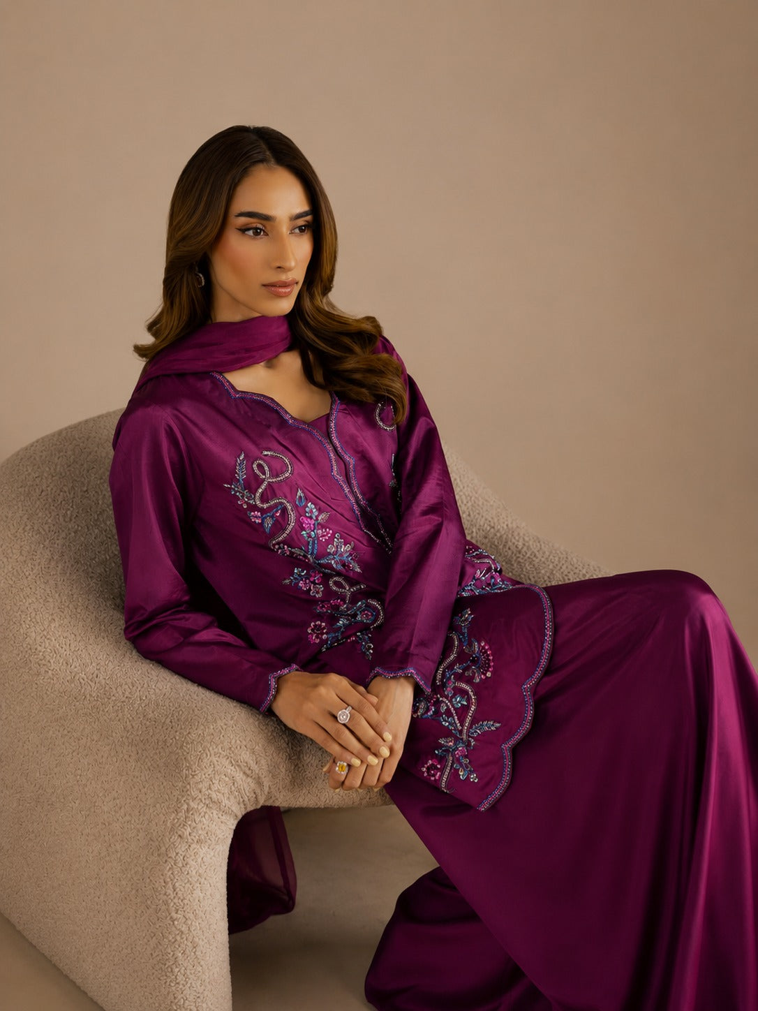 sana |Luxury Royal Plum Sheesha Silk 3PC Dress with Handmade Zardosi Embroidered Shirt, Wide Leg Plazo & Silk Dupatta – Premium Pakistani Formal Wear