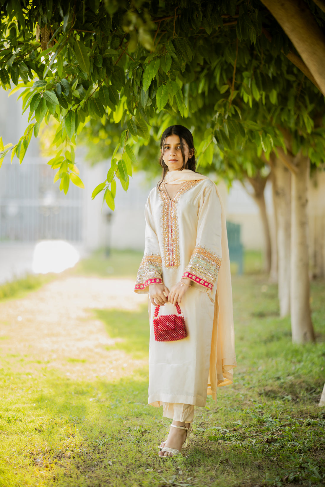 Embroidered Sequin Sheesha Silk Kurta with Chiffon Dupatta – Ivory Festive Wear for Women