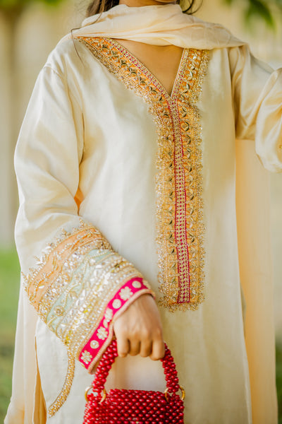 Embroidered Sequin Sheesha Silk Kurta with Chiffon Dupatta – Ivory Festive Wear for Women