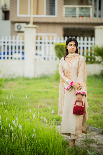 Embroidered Sequin Sheesha Silk Kurta with Chiffon Dupatta – Beige Festive Wear for Women