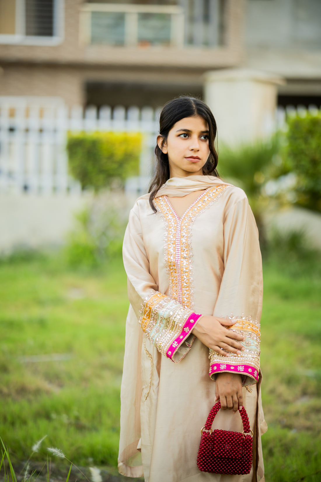 Embroidered Sequin Sheesha Silk Kurta with Chiffon Dupatta – Beige Festive Wear for Women