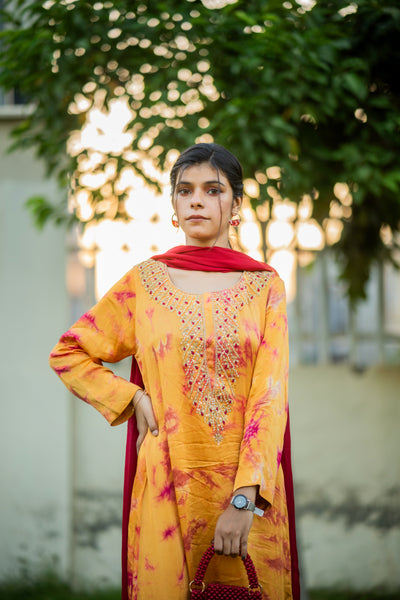 Embroidered Long Silk Shirt with Maroon Dupatta – 3 Piece Formal Wear for Women