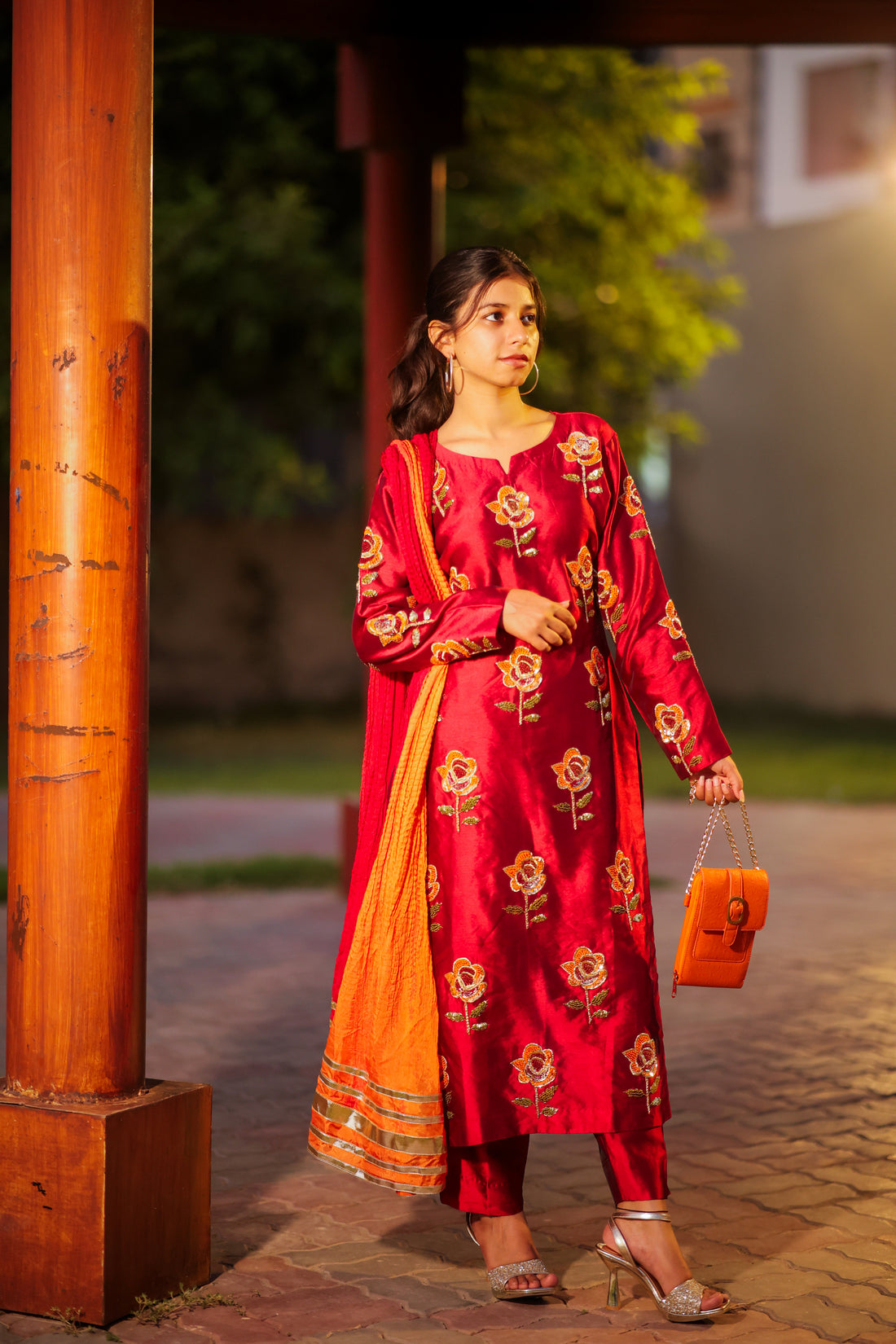 Hand Embroidered Maroon Sheesha Silk Dress with Crushed Double-Dyed Dupatta – 3 Piece Formal Wear