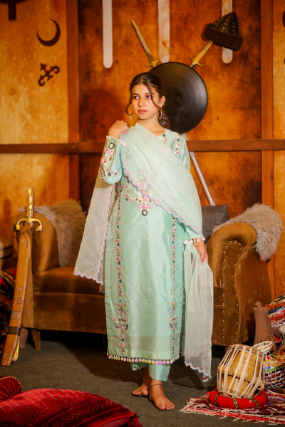 Sheesha Silk 3 Piece Mint Green Dress with Organza Dupatta – Embroidered Thread Work
