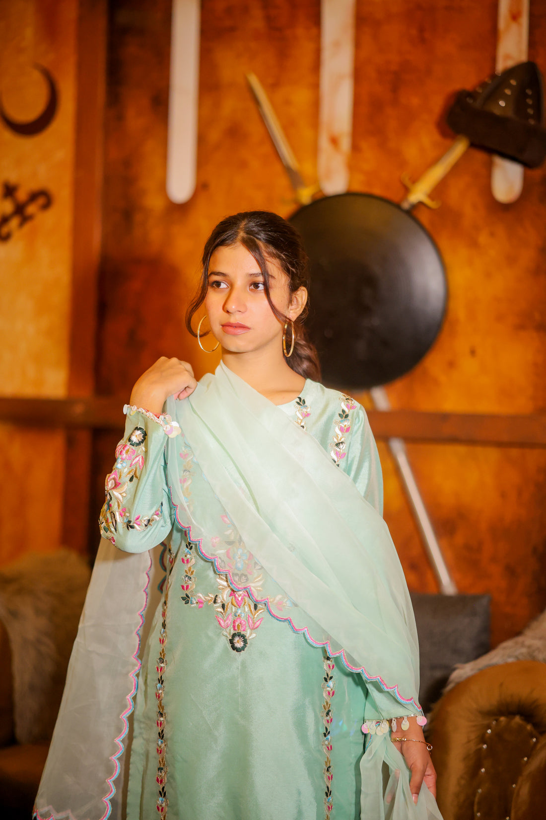 Sheesha Silk 3 Piece Mint Green Dress with Organza Dupatta – Embroidered Thread Work
