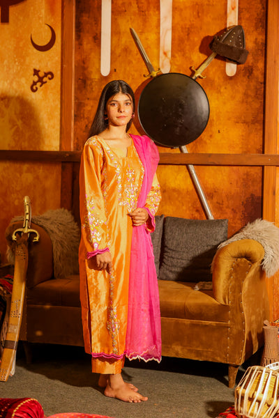 Orange Sheesha Silk 3-Piece Suit with Thread Embroidery and Pink Organza Dupatta