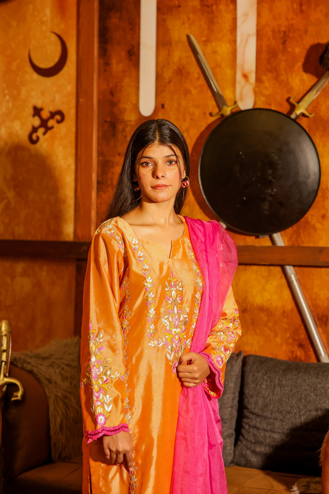 Orange Sheesha Silk 3-Piece Suit with Thread Embroidery and Pink Organza Dupatta