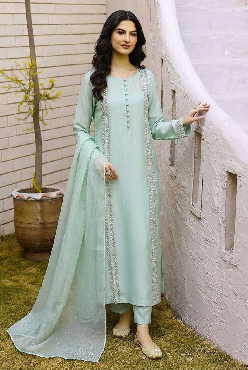 Sajal |Luxury Mint Green Sheesha Silk 3PC Dress with Elegant Stone Work & Organza Dupatta – Premium Pakistani Formal Wear