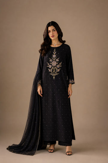 Midnight Noir Hand Embellished Tussel Silk 3PC Suit with Organza Dupatta