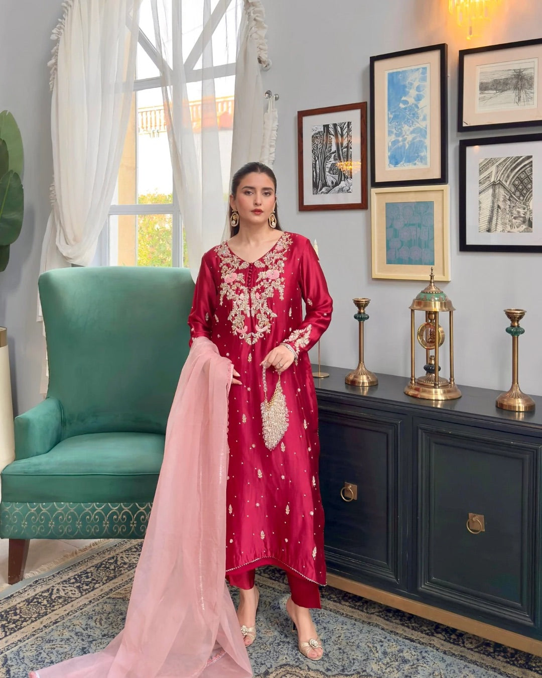 Unza | Deep Ruby Red Sheesha Silk 3PC Dress with Handmade Zardosi Embroidered,  & Organza dupptha Dupatta – Premium Pakistani Formal Wear
