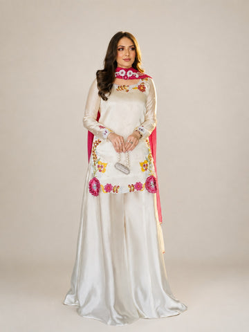 Ivory Sheesha Silk 3PC Suit with Thread Work & Medium Silk Dupatta