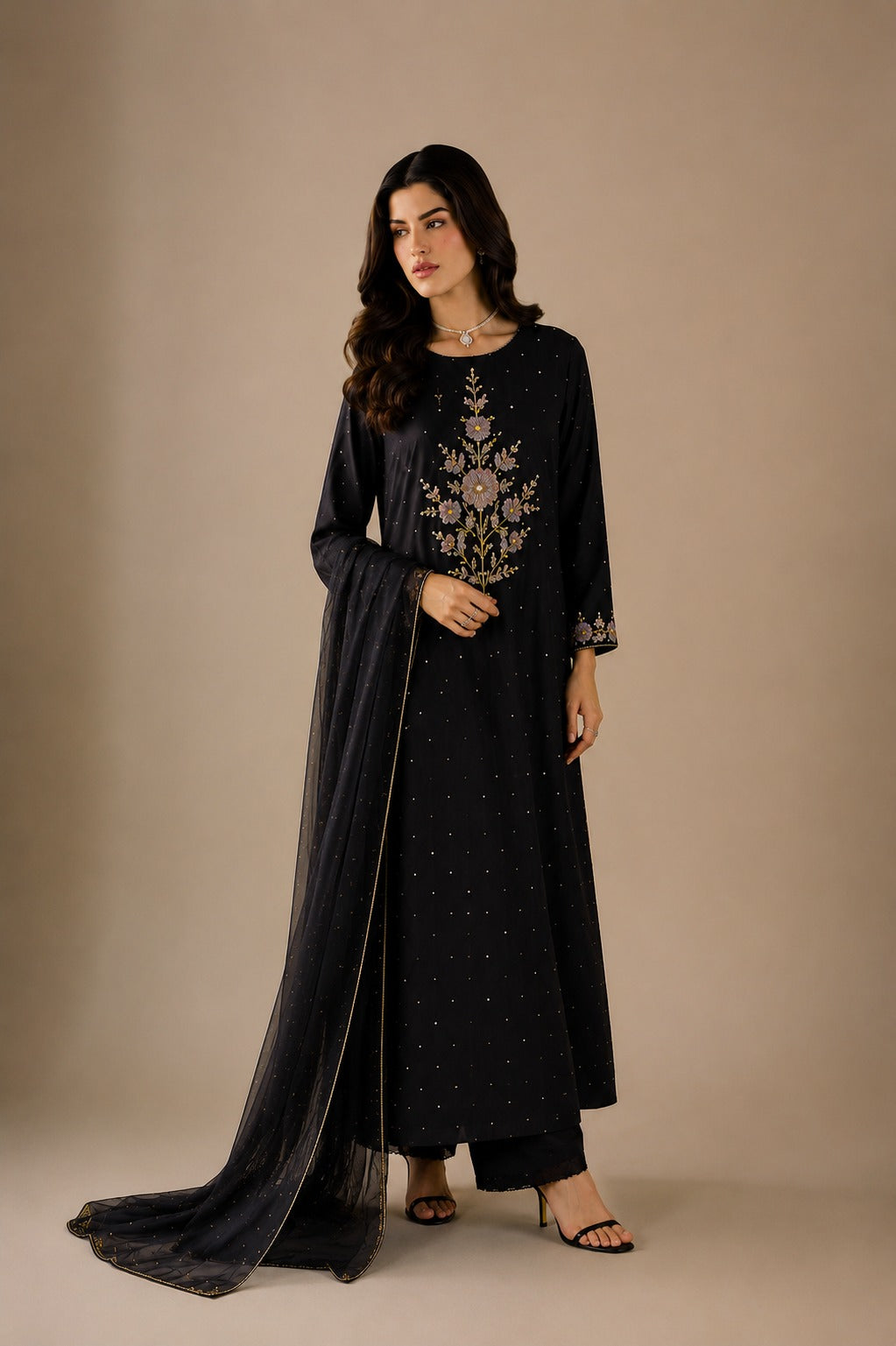 Midnight Noir Hand Embellished Tussel Silk 3PC Suit with Organza Dupatta