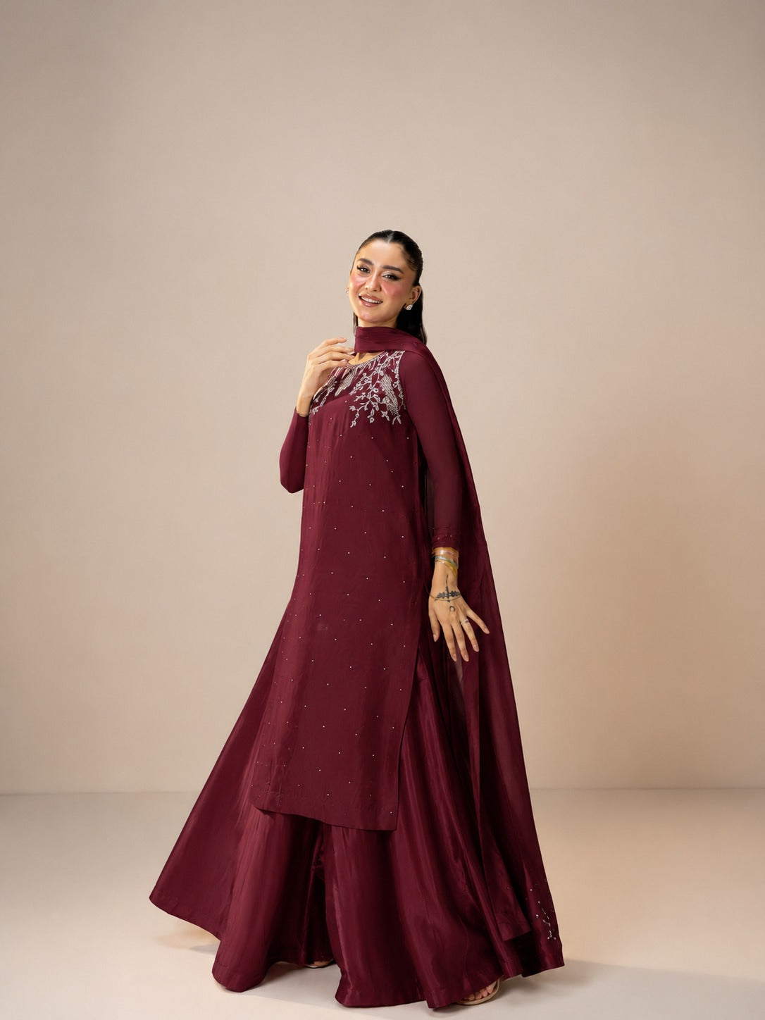 Mariya  |Luxury maroon Sheesha Silk 3PC Dress with Handmade Zardosi Embroidered Neckline,  & Silk Dupatta – Premium Pakistani Formal Wear
