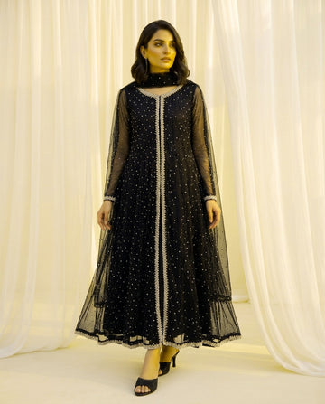 Embellished Net Frock 3-Piece Suit with Silk Trouser