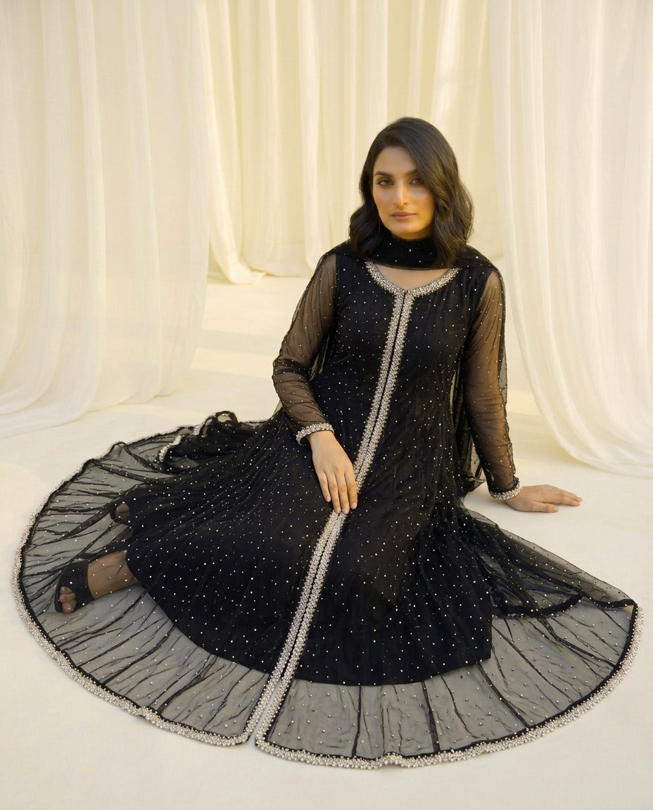 Embellished Net Frock 3-Piece Suit with Silk Trouser