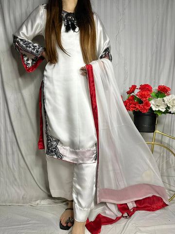 White Premium Silk Embroidered 3-Piece Suit with Red Dupatta