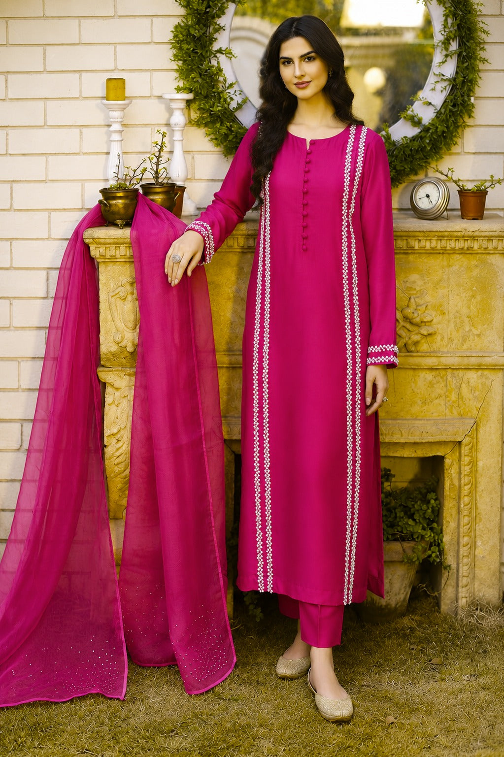 Sajal |Luxury Shocking pink Sheesha Silk 3PC Dress with Elegant Stone Work & Organza Dupatta – Premium Pakistani Formal Wear