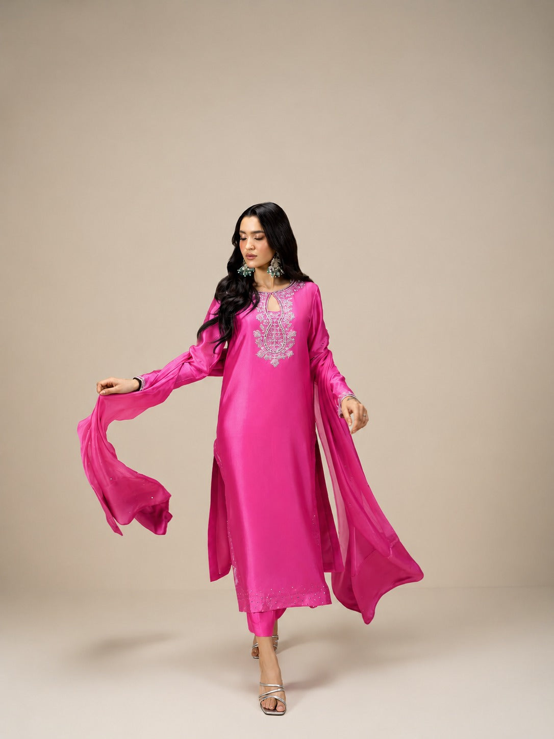 Yumna |Luxury Shocking Pink Sheesha Silk 3PC Dress with Silk Dupatta & Handmade Zardosi Embroidery – Premium Pakistani Formal Wear