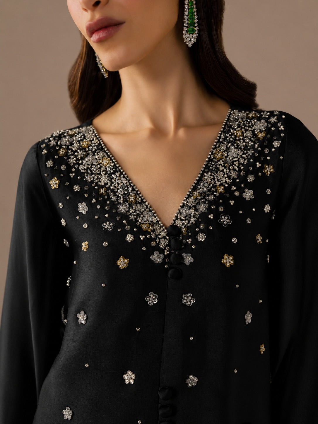 Saira |Luxury Midnight Black Sheesha Silk 3PC Dress with Hand Embroidered Short Shirt, Wide Leg Plazo & Organza Dupatta – Premium Pakistani Formal Wear
