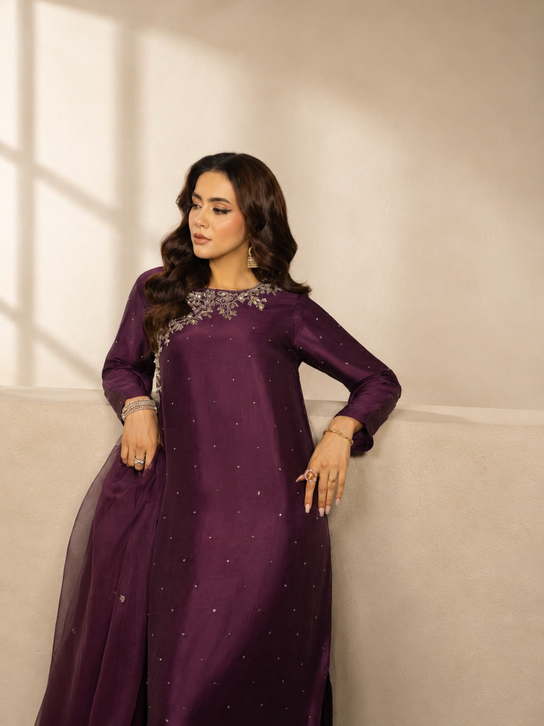 Erha |Luxury Deep Plum Sheesha Silk 3PC Dress with Handmade Zardosi Embroidered Neckline, Stone Detailing & Organza Dupatta – Premium Pakistani Formal Wear