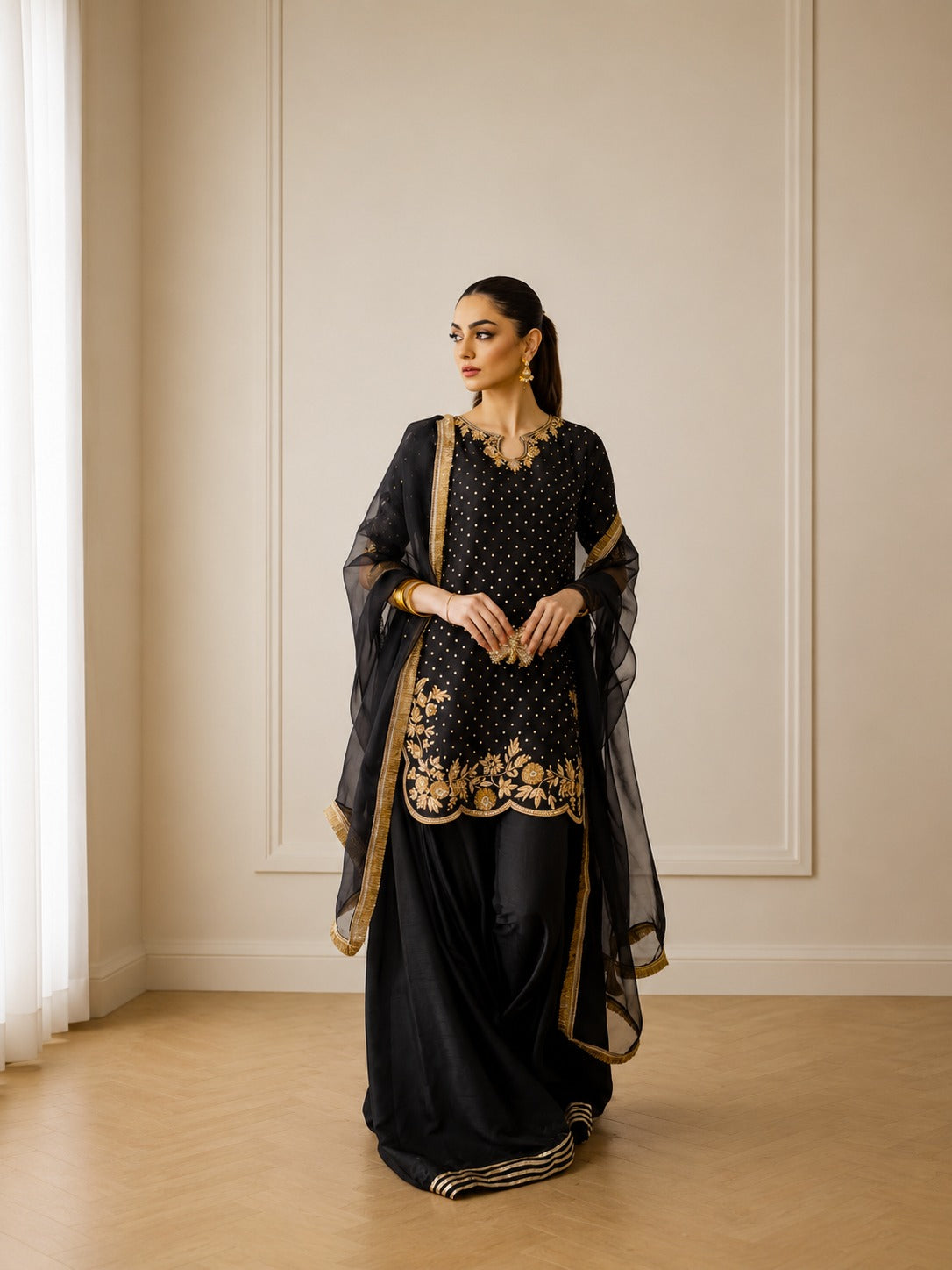 Urwa|Luxury black chiffon shirt  3PC Dress with Handmade Zardosi Embroidered shirt ,  & organza  Dupatta – Premium Pakistani Formal Wear