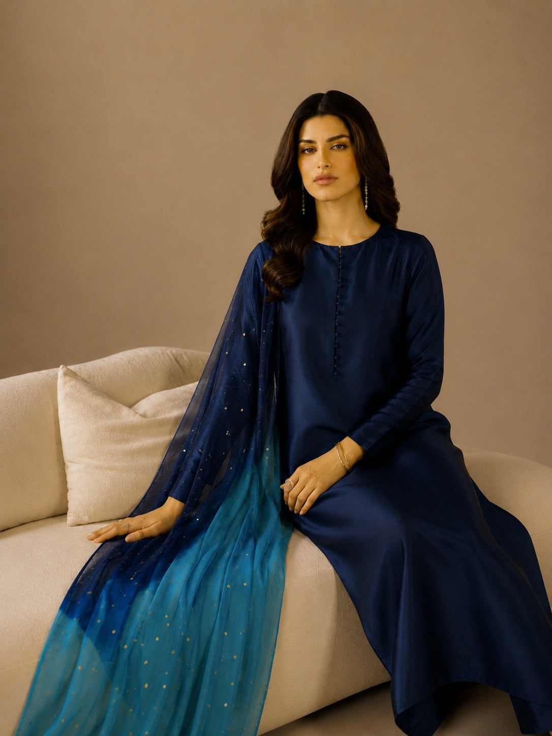 Sonia |Royal Blue Sheesha Silk 3PC Formal Dress with Embellished Organza Dupatta – Luxury Pakistani Wear