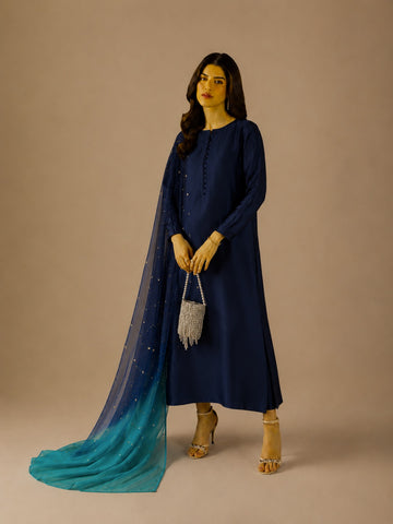 Sonia |Royal Blue tusel  Silk 3PC Formal Dress with Embellished Organza Dupatta – Luxury Pakistani Wear