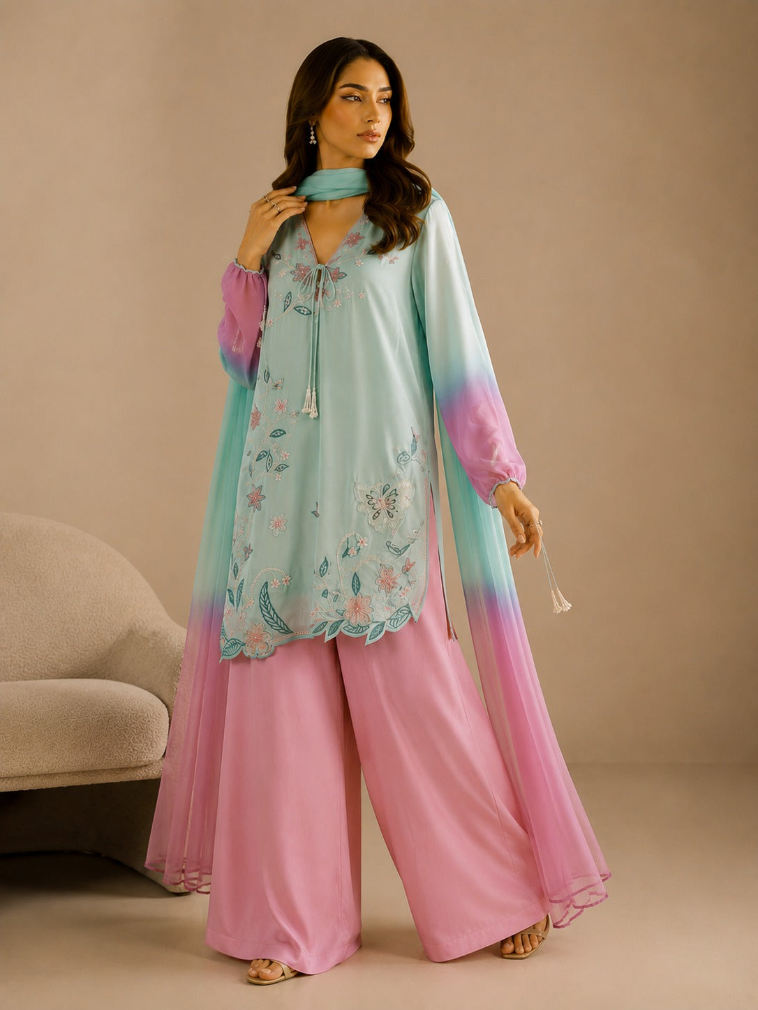 Luxury Tussel Silk Embroidered 3 Piece Pakistani Suit with Medium Silk Dupatta | Zahranoor