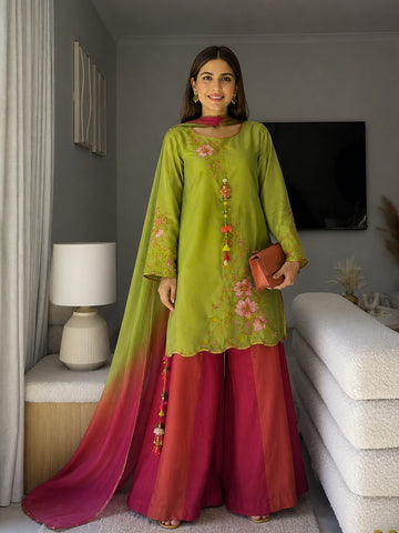 Olive Green Silk 3 Piece Suit with Organza Dyed Dupatta & Thread Embroidery | Pakistani Party Wear Dress
