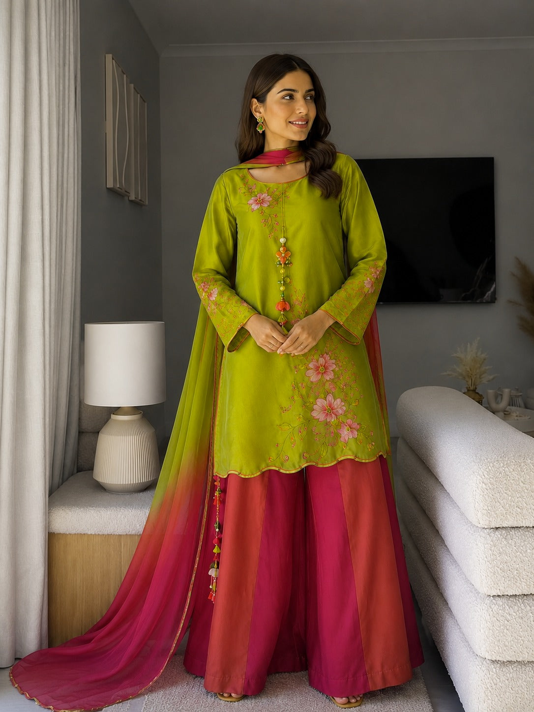 Olive Green Silk 3 Piece Suit with Organza Dyed Dupatta & Thread Embroidery | Pakistani Party Wear Dress