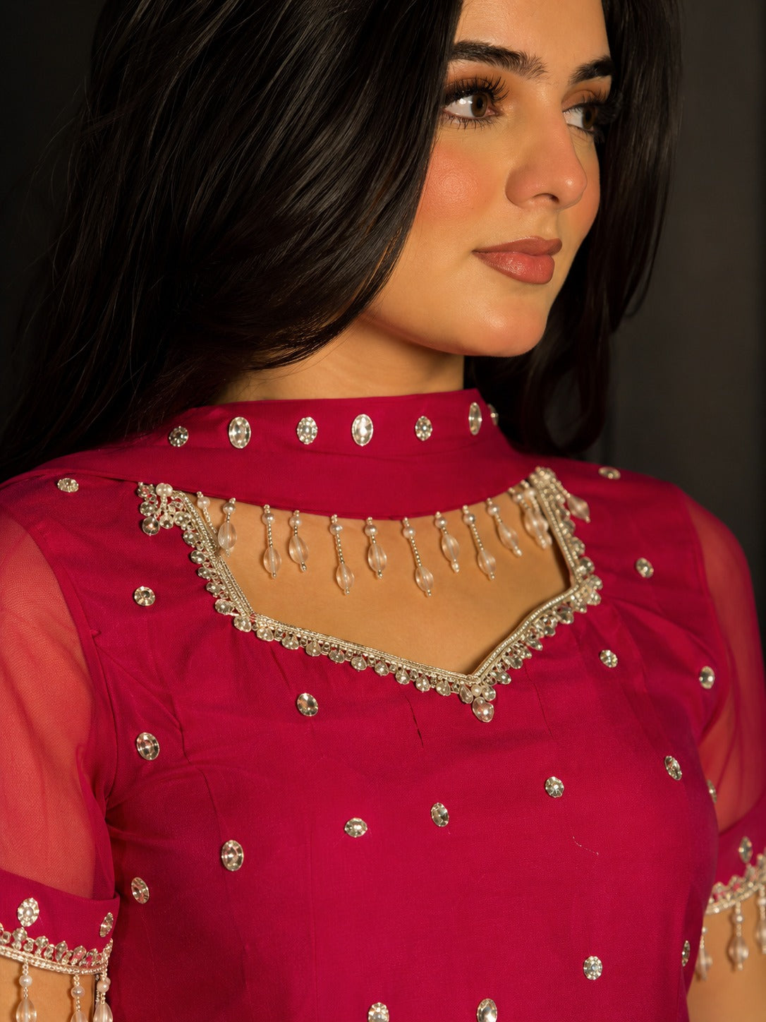 Reddish Shocking Pink Chiffon 3 Piece Party Wear Suit with Grip Trouser | Zahranoor