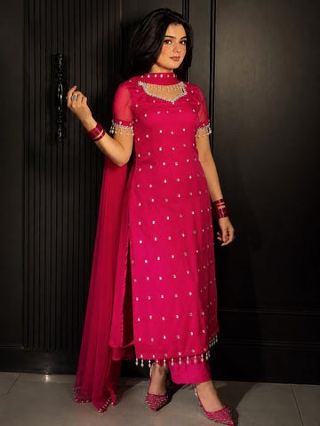 Reddish Shocking Pink Chiffon 3 Piece Party Wear Suit with Grip Trouser | Zahranoor