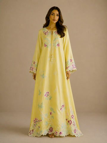 Minsa| Luxury Lemon Yellow Sheesha Silk Kaftan with Thread Embroidery, Pearl Work & Medium Silk Dupatta | Pakistani Designer Wear