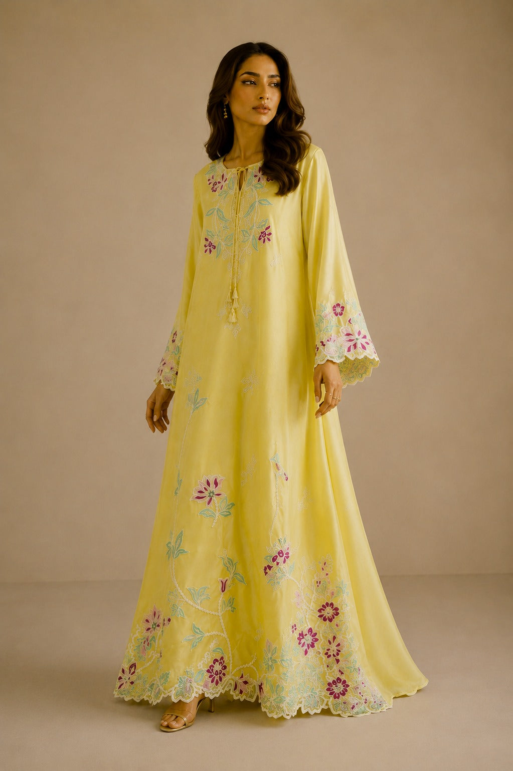 Minsa| Luxury Lemon Yellow Sheesha Silk Kaftan with Thread Embroidery, Pearl Work & Medium Silk Dupatta | Pakistani Designer Wear