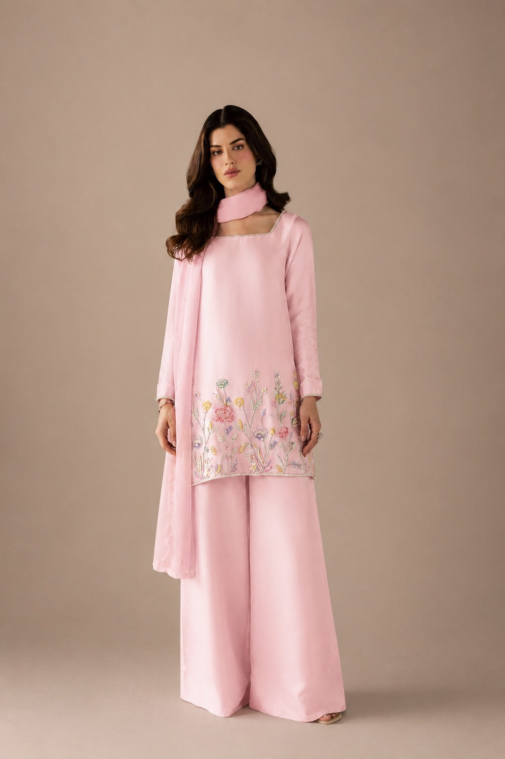 Baby Pink Sheesha Silk Co-Ord Set with Hand Embroidery & Medium Silk Dupatta | Pakistani Designer Dress