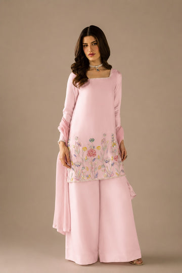 Baby Pink Sheesha Silk Co-Ord Set with Hand Embroidery & Medium Silk Dupatta | Pakistani Designer Dress