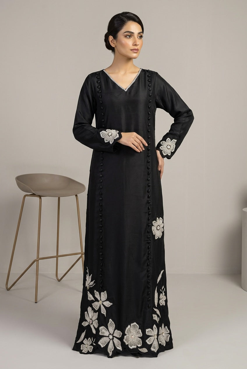 Black Raw Silk Hand-Embellished Long Shirt with Silk Dupatta | Zahra Noor
